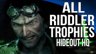 Batman Arkham Knight  All Riddler Trophies  Arkham Knight HQ [upl. by Akinod]