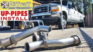 2001 F350 73  RiffRaff UpPipes Install  Stock up pipes leaking and falling apart JUNK SP [upl. by Akvir385]